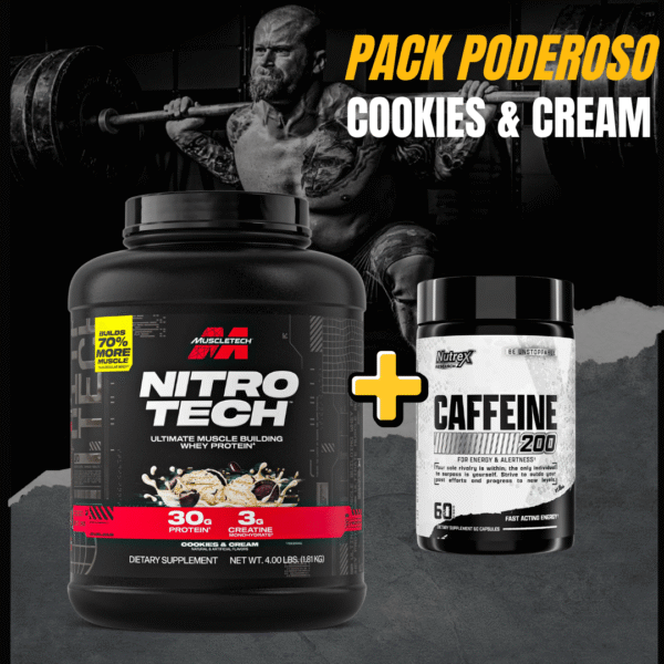 PACK PODEROSO - Proteína Muscletech Cookies & Cream 4 lb + Nutrex Caffeine 200 mg (60 un)
